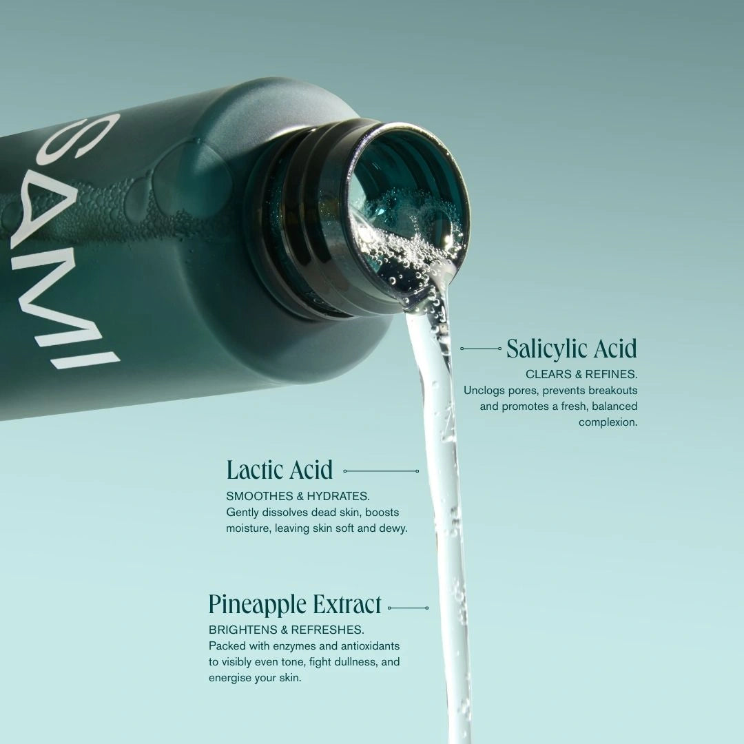 Refining AHA BHA exfoliating skincare product from SAMI with pore-clearing and brightening benefits