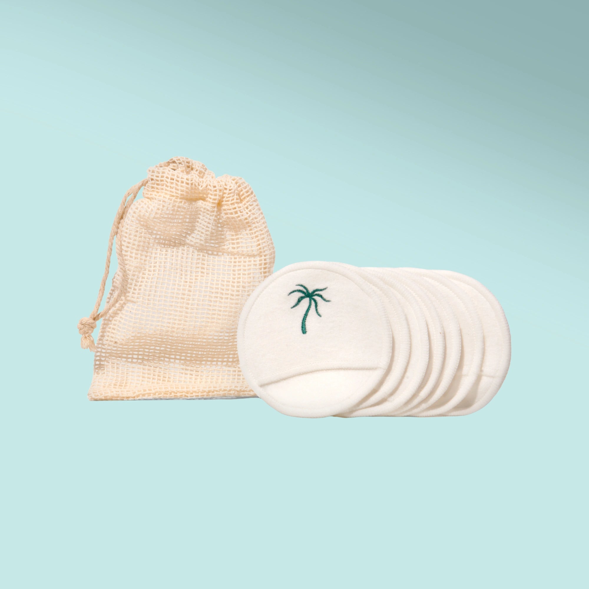 SAMI organic cotton and bamboo reusable makeup remover rounds with mesh storage bag for sustainable skincare