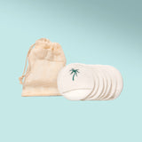 SAMI organic cotton and bamboo reusable makeup remover rounds with mesh storage bag for sustainable skincare