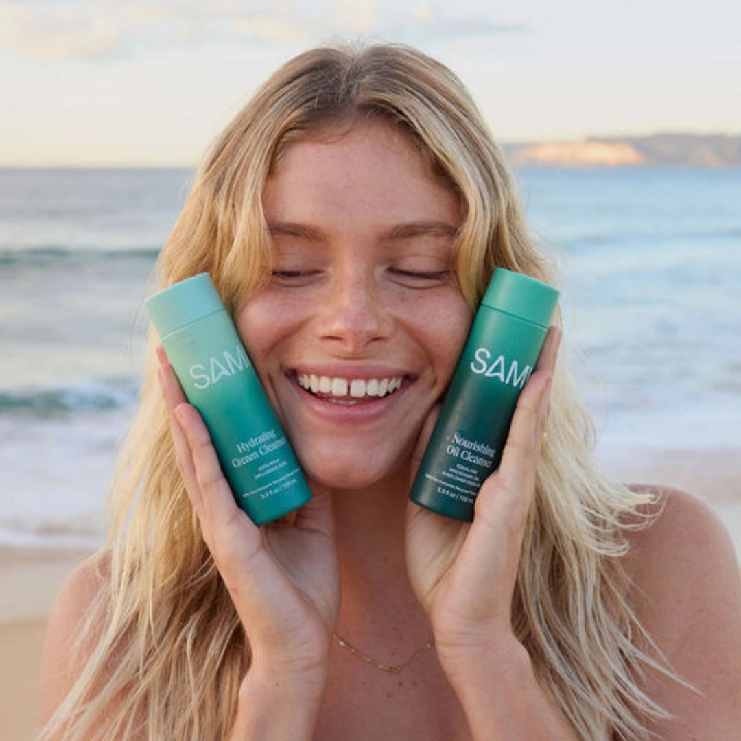 SAMI Hydrate & Nourish Bundle featuring Hydrating Cream Cleanser and Nourishing Oil Cleanser for hydrated glowing skin and gentle daily cleansing by the beach