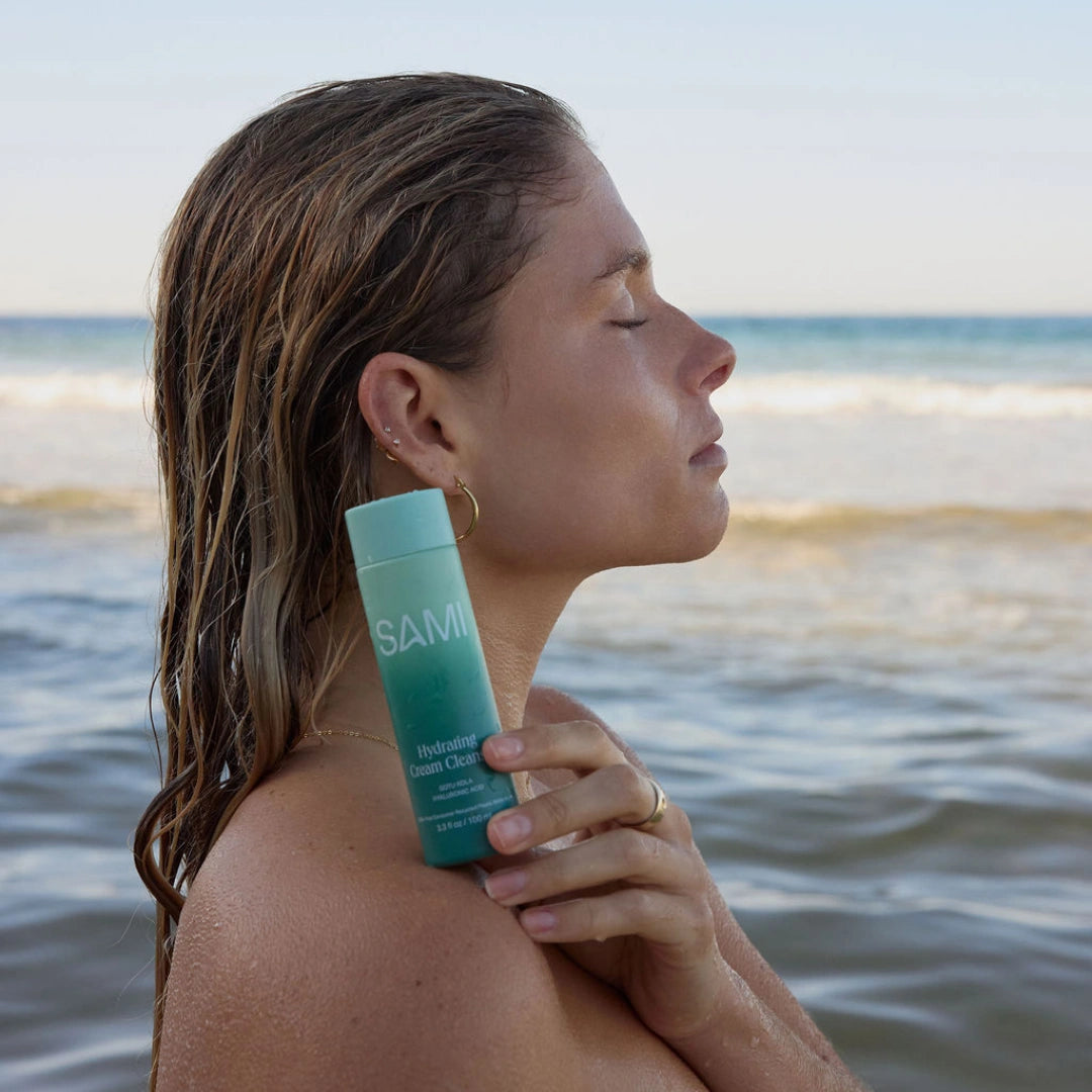 SAMI Hydrating Cream Cleanser with gotu kola and hyaluronic acid, gentle cream cleanser for removing makeup on the beach