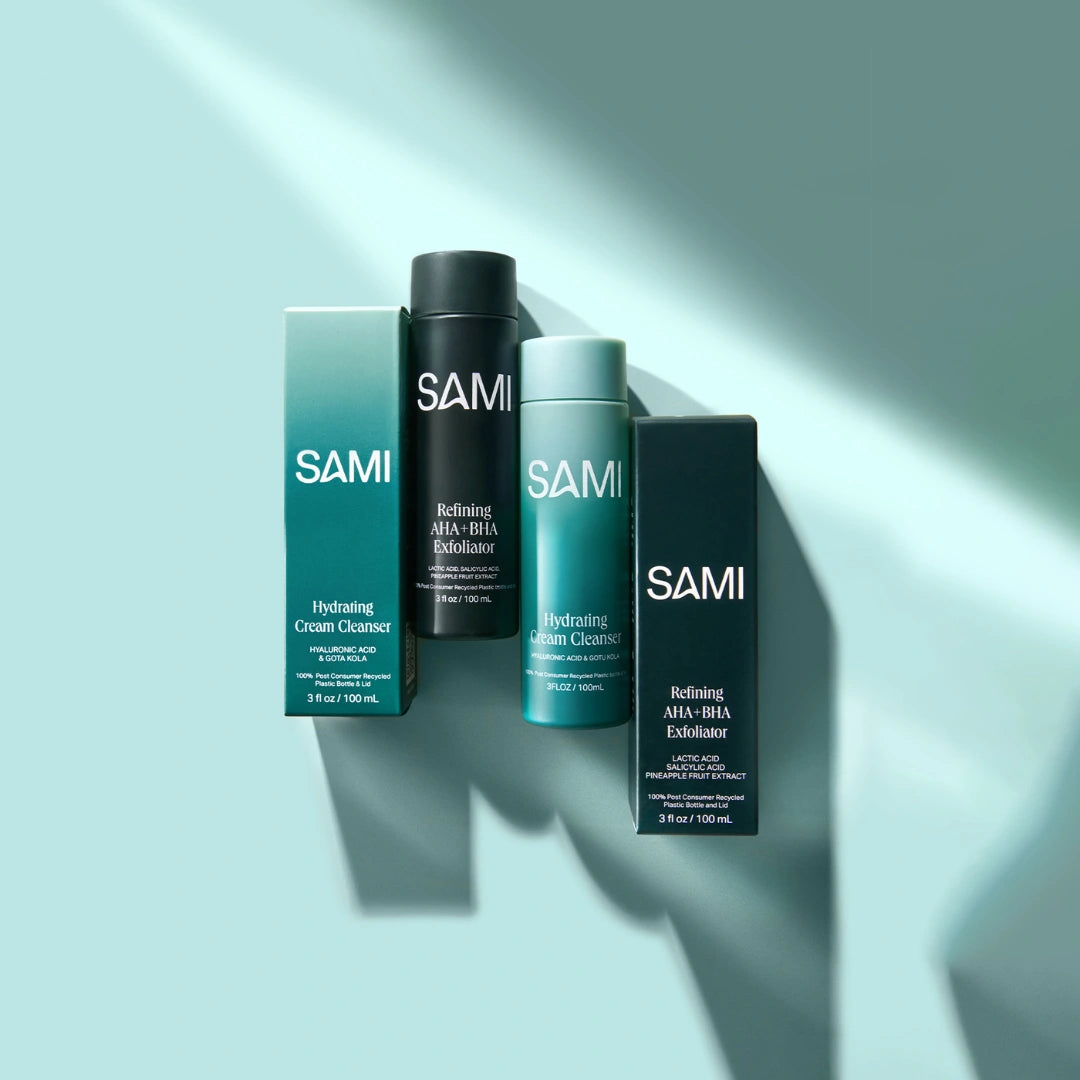 SAMI Hydrate and Refine skincare bundle with Hydrating Cream Cleanser and Refining AHA BHA Exfoliator.