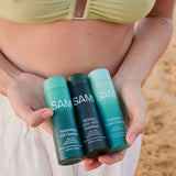 SAMI Hydrate, Refine & Nourish Bundle featuring Hydrating Cream Cleanser, Nourishing Oil Cleanser and Refining AHA + BHA Exfoliator for hydrated glowing skin and gentle exfoliation on the beach