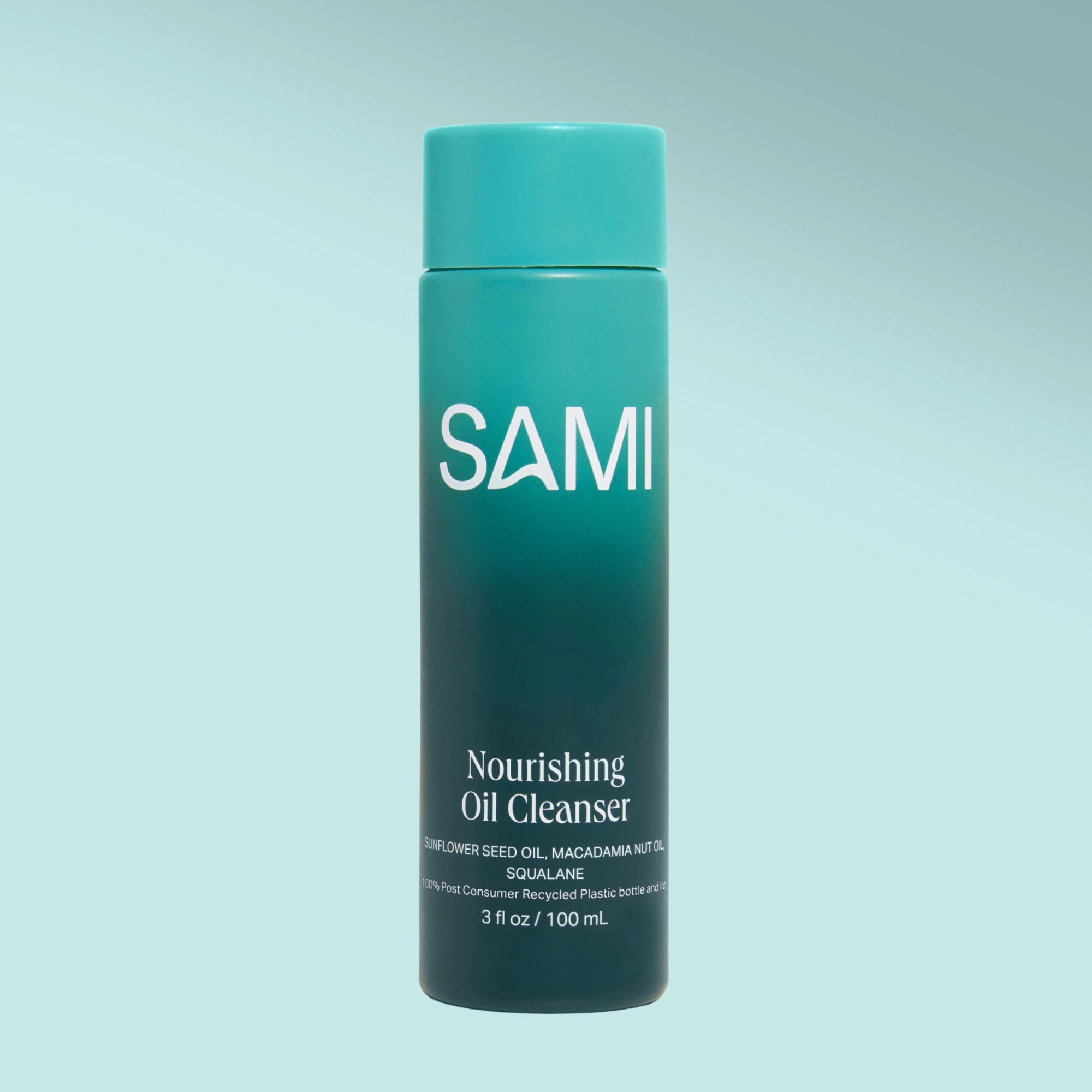 SAMI Nourishing Oil Cleanser 100ml in teal recyclable bottle for gentle makeup removal and hydration.