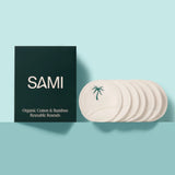 SAMI Organic Cotton and Bamboo Reusable Rounds with eco-friendly packaging and washable makeup remover pads.