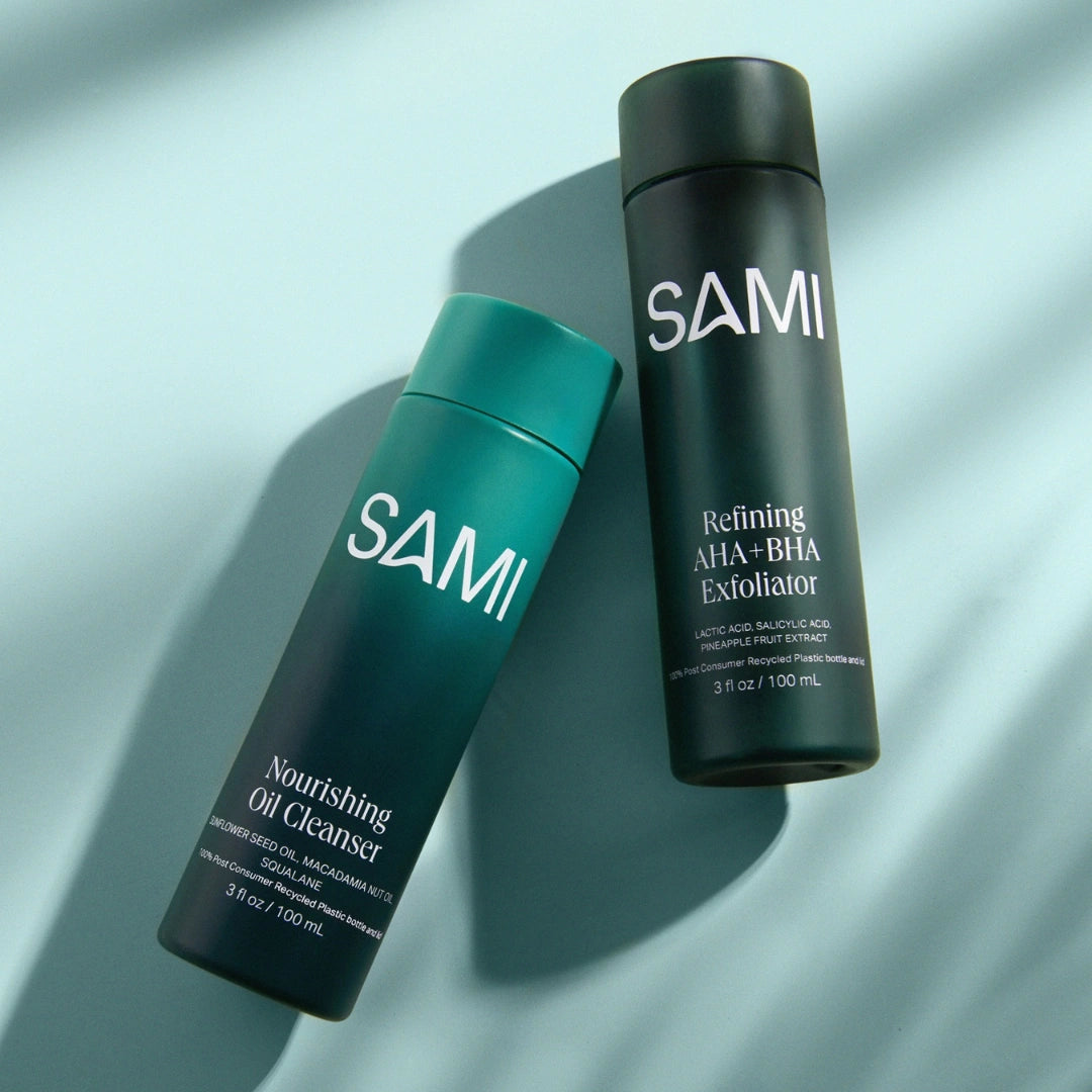 Get clearer, glowier skin with the Refine & Nourish Bundle featuring nourishing oil cleanser and refining exfoliator from SAMI.