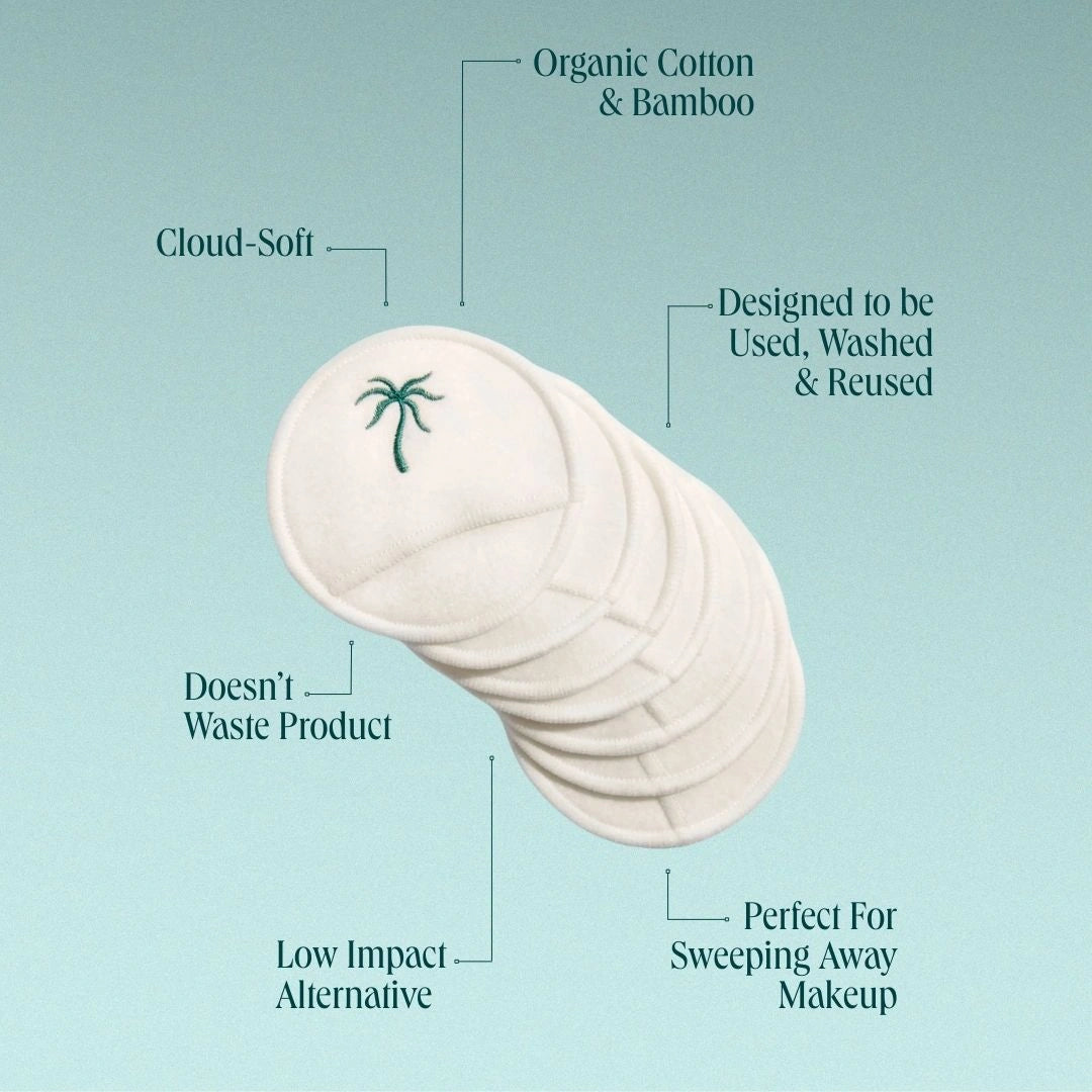 Cloud-soft reusable cotton and bamboo facial rounds with palm tree embroidery